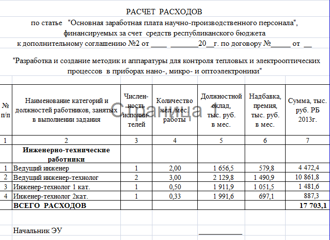 Расчет стоимости образец