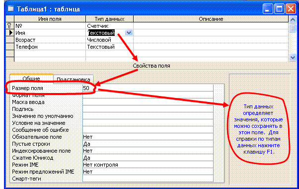 Access размер