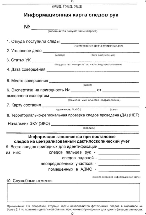 Информационная карта следов и объектов изъятых с мест происшествий