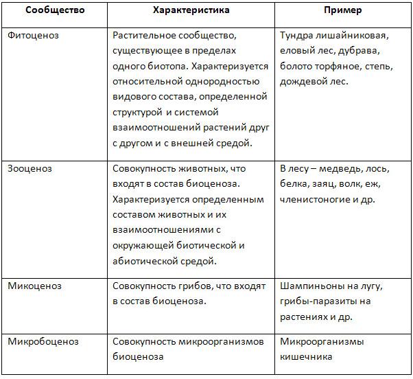 Таблица по биологии природные сообщества